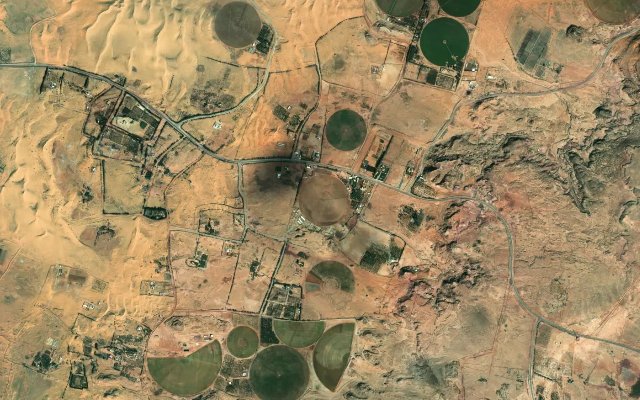 Satellite view of irrigated farmland near Sakaka, Al Jawf Province, Saudi Arabia: pale desert sand crossed by tracks, with about a dozen dark-green circular centre-pivot fields.